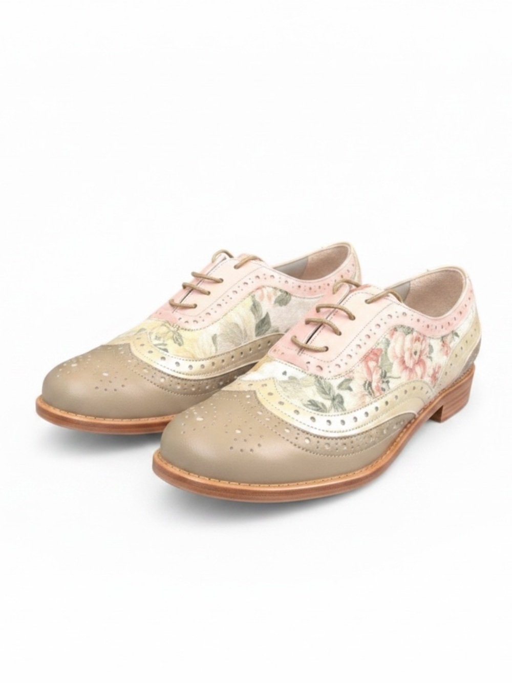 Floral Panel Leather Wingtip Loafers in Beige & Gold - Picture 13 of 13